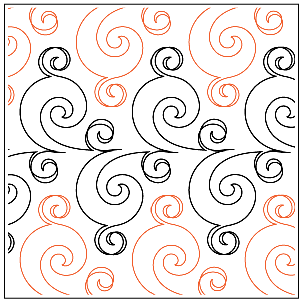 A seamless pattern of swirling line art in black and orange on a white background.