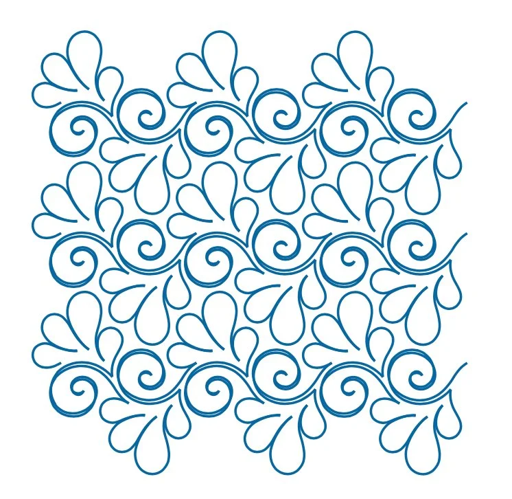 Decorative pattern of swirling leaves and tendrils in blue on a white background.