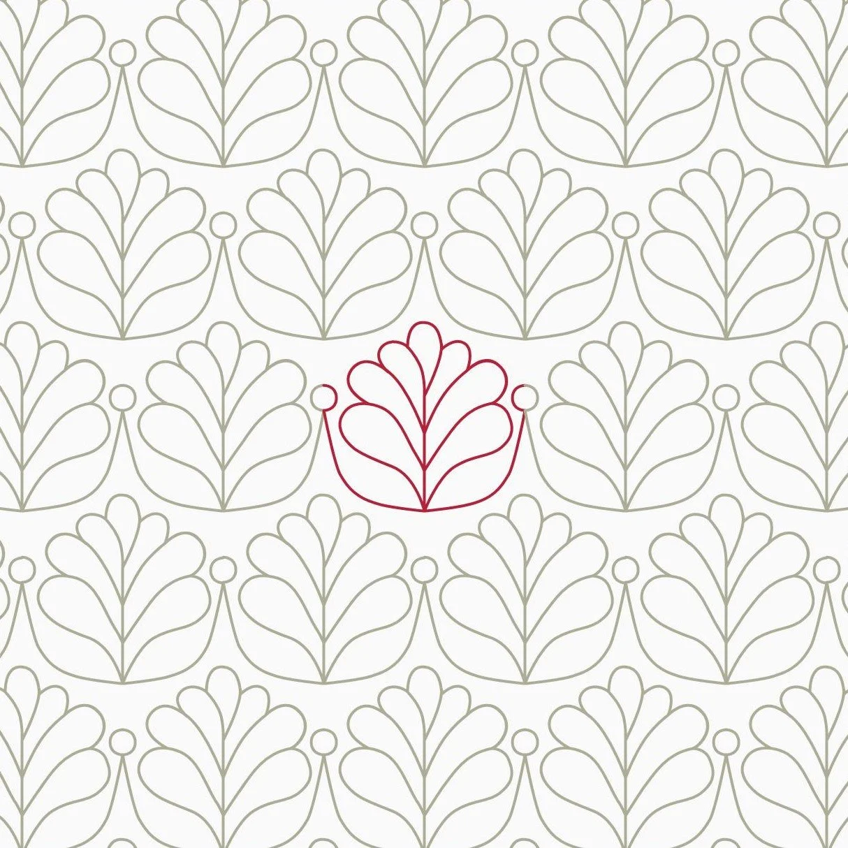 Pattern of stylized leaf motifs, with one leaf outline in red color among gray outlines.