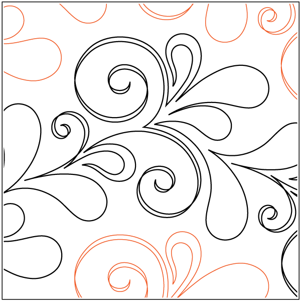 Line art decorative pattern with swirls and abstract shapes, some in orange and some in black.
