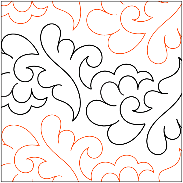 Abstract floral pattern with black and orange lines on a white background.