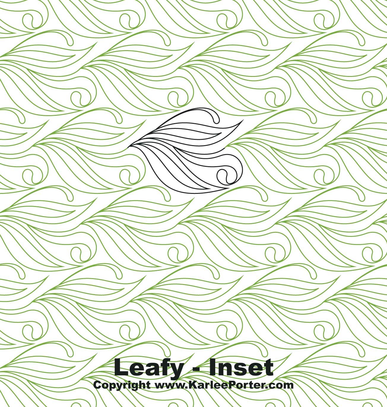 A pattern of green and black outlined leaves on a white background with a leaf shape in the center that is filled with black lines, and the text 'Leafy - Inset' and 'Copyright www.KarleePorter.com' at the bottom
