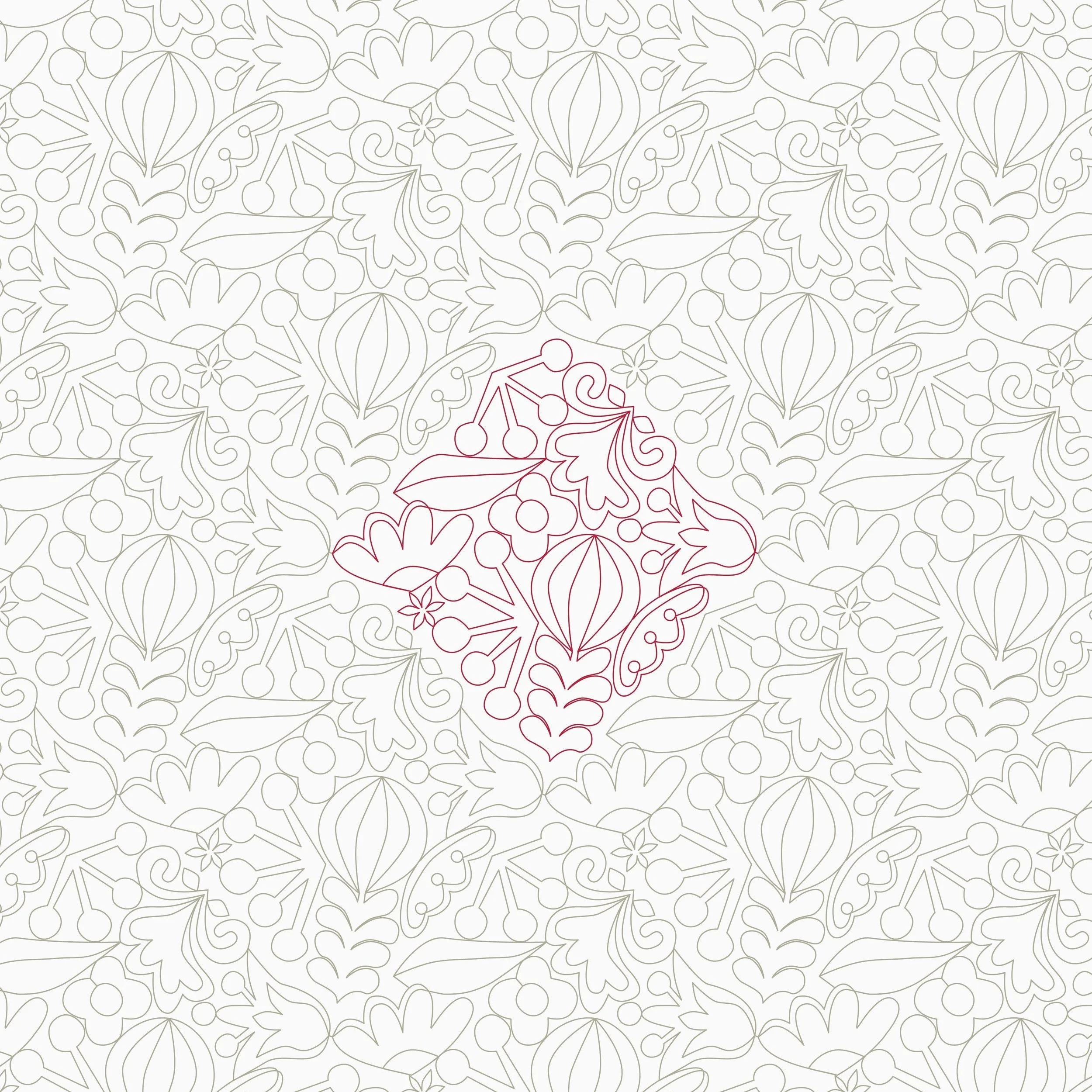 Pattern with holly leaves, berries, and ornate designs in grey, with a central red outline of holly and decorative elements.