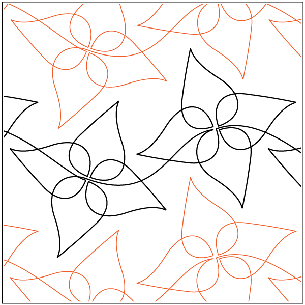Pattern of stylized leaves and flowers with curving lines in black and orange on a white background.