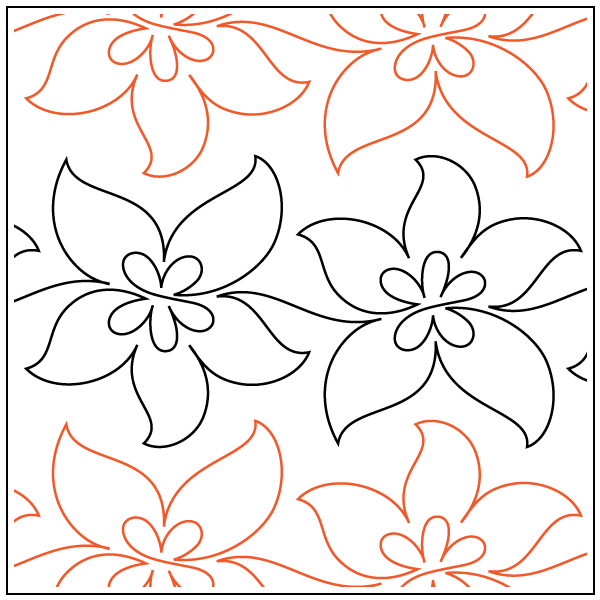 Line drawing of six flowers with three outlined in black and three in orange, arranged in a pattern.
