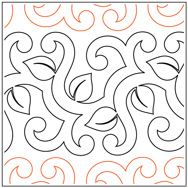 A black-and-white abstract line drawing with swirling patterns, leaves, and decorative curls, with orange curved lines at the top and bottom edges.
