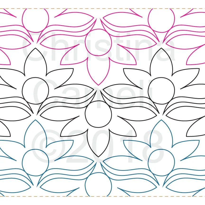 Colorful floral pattern outline with black, purple, pink, and blue flowers.