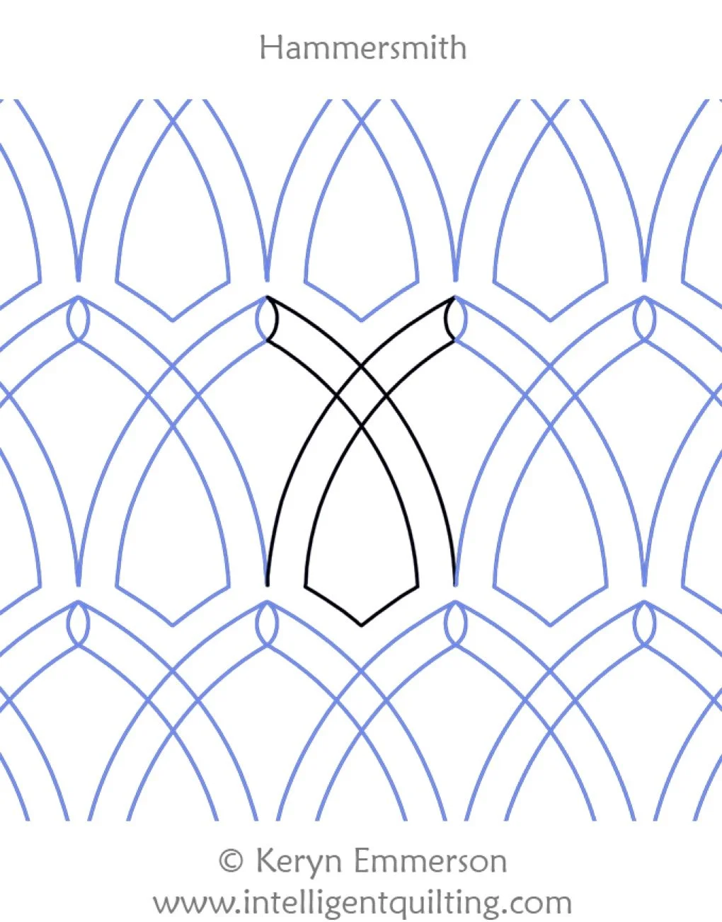 A quilt pattern design titled 'Hammersmith' by Keryn Emmerson, featuring a repeating geometric pattern with curved lines in black and blue on a white background.