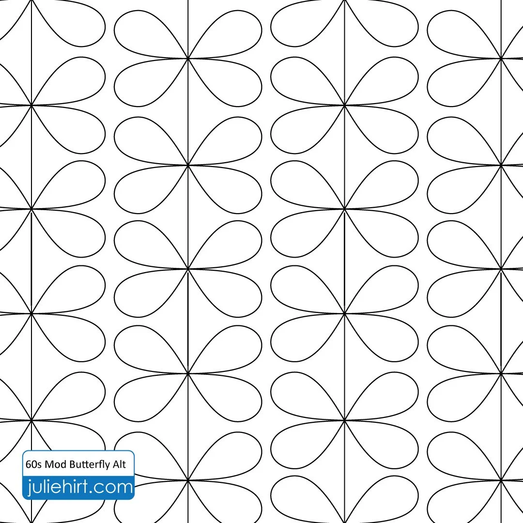 A repeating pattern of stylized butterfly shapes with four rounded wings, created with thin black lines on a white background, arranged in a grid.