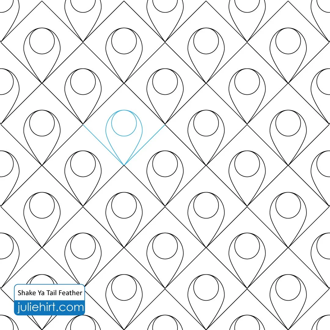 A pattern of black and white geometric shapes resembling stylized feathers or leaves, arranged in a diamond grid. One shape is traced in blue. There is a watermark in the bottom left corner that reads "Shake Ya Tail Feather juliehr.com."
