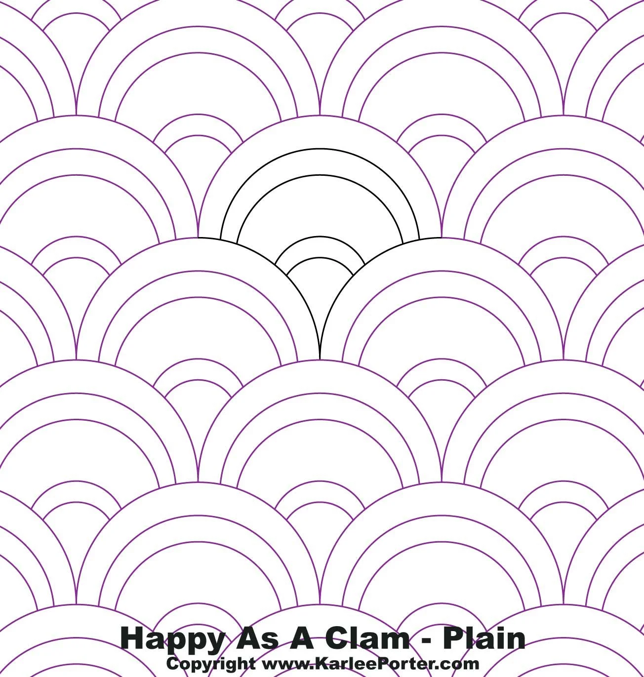 A patterned coloring page featuring repeating semi-circular rainbow shapes outlined in purple and black. The bottom of the image contains text that reads 'Happy As A Clam - Plain' and a website URL www.KarleePorter.com.