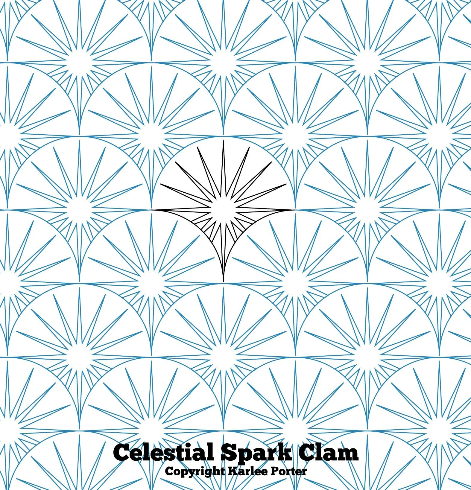 A patterned background of blue and black abstract starburst or sunburst shapes with the text 'Celestial Spark Clam' and 'Copyright Karlee Porter' at the bottom.