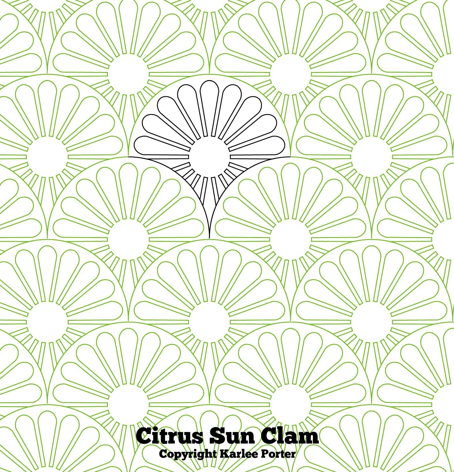 Pattern of citrus fruit slices, primarily lime slices in green with one lemon slice outlined in black, under a title "Citrus Sun Clam" by Karlee Porter.