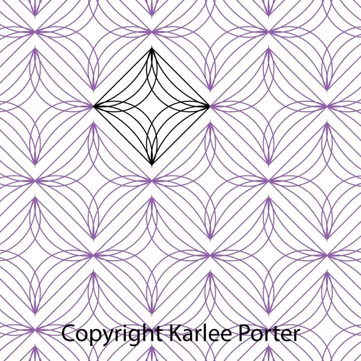 A geometric pattern of overlapping purple arcs forming repeated flower-like shapes on a white background. One black diamond shape with curved lines intersects at the center.