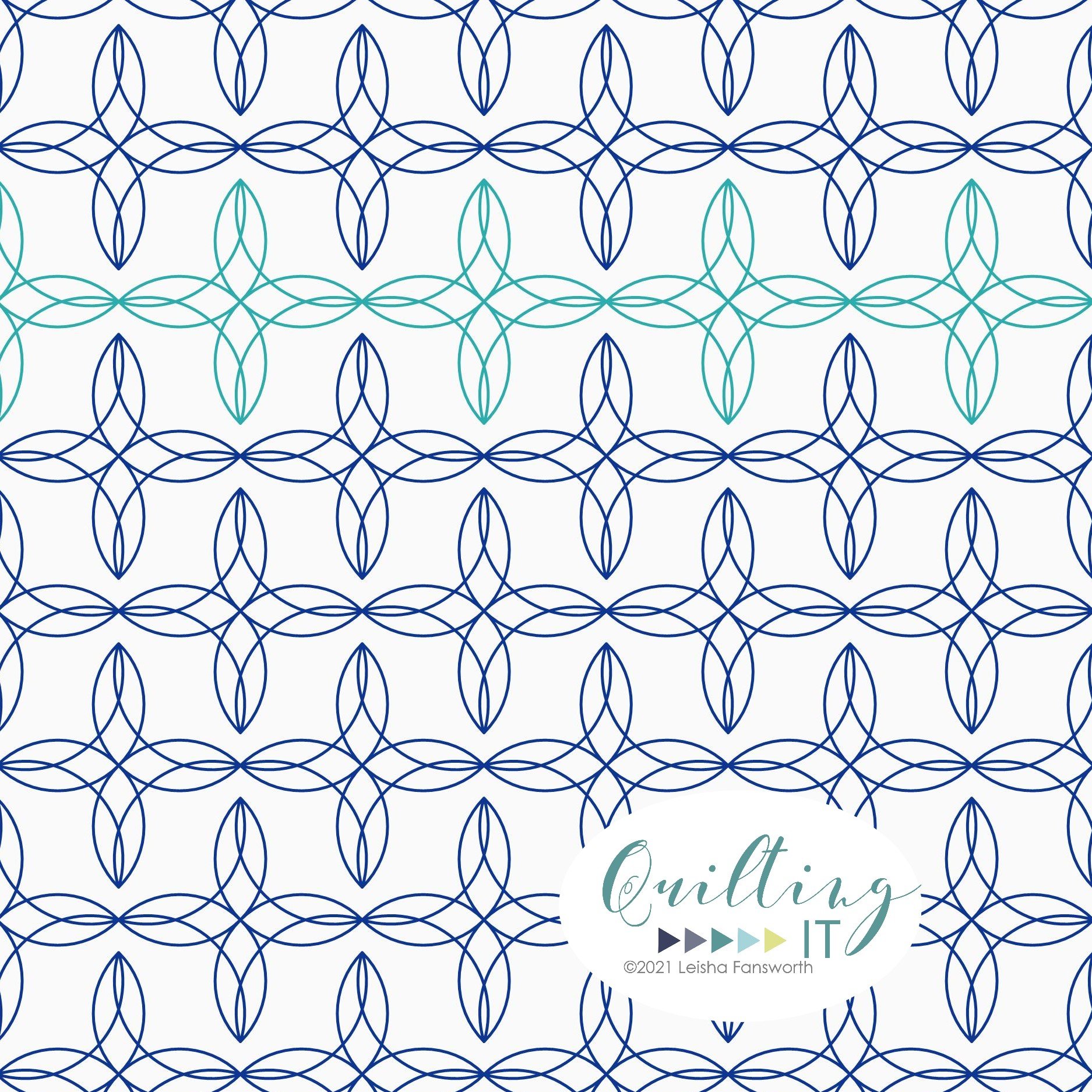 Pattern of interconnected blue and teal geometric floral shapes on a white background, with a logo in the bottom right corner that says 'quilting it' and the year 2021.