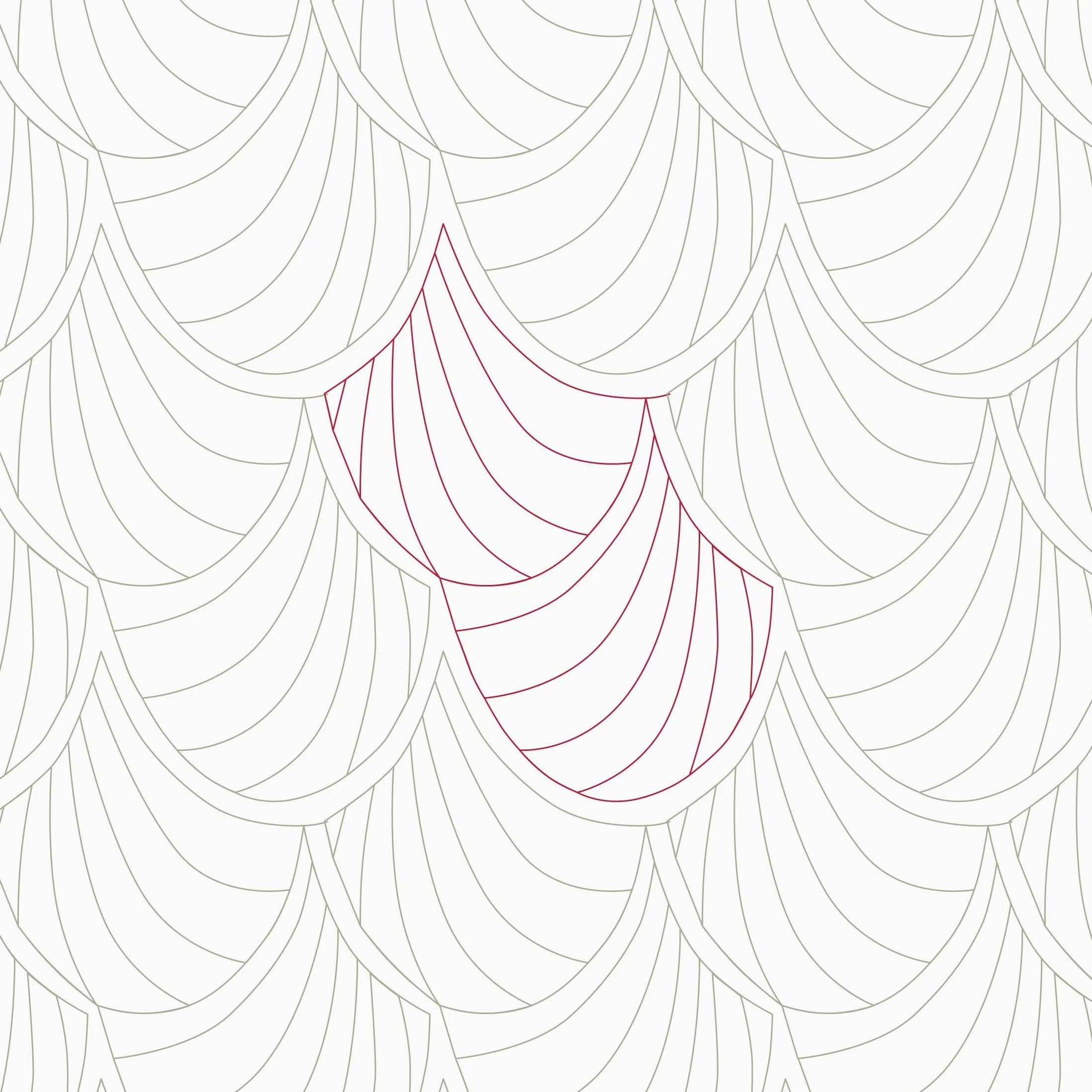 A pattern of overlapping scalloped shapes, with one shape outlined in red, inside a white background.