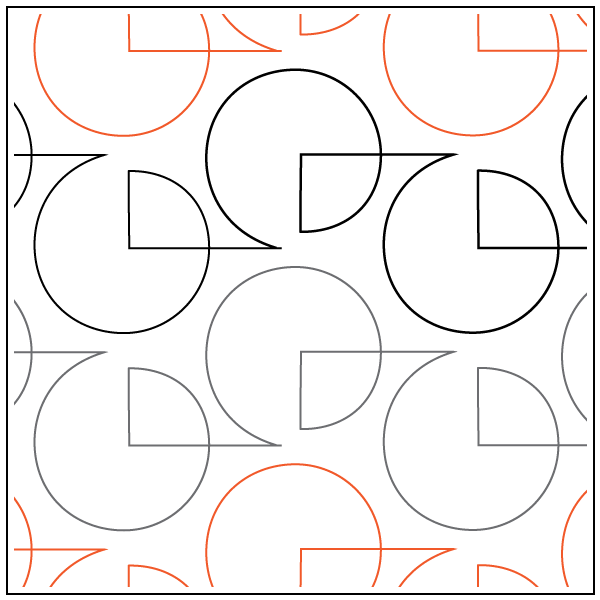 Abstract geometric pattern with circles and semi-circles in black, red, and gray on a white background.