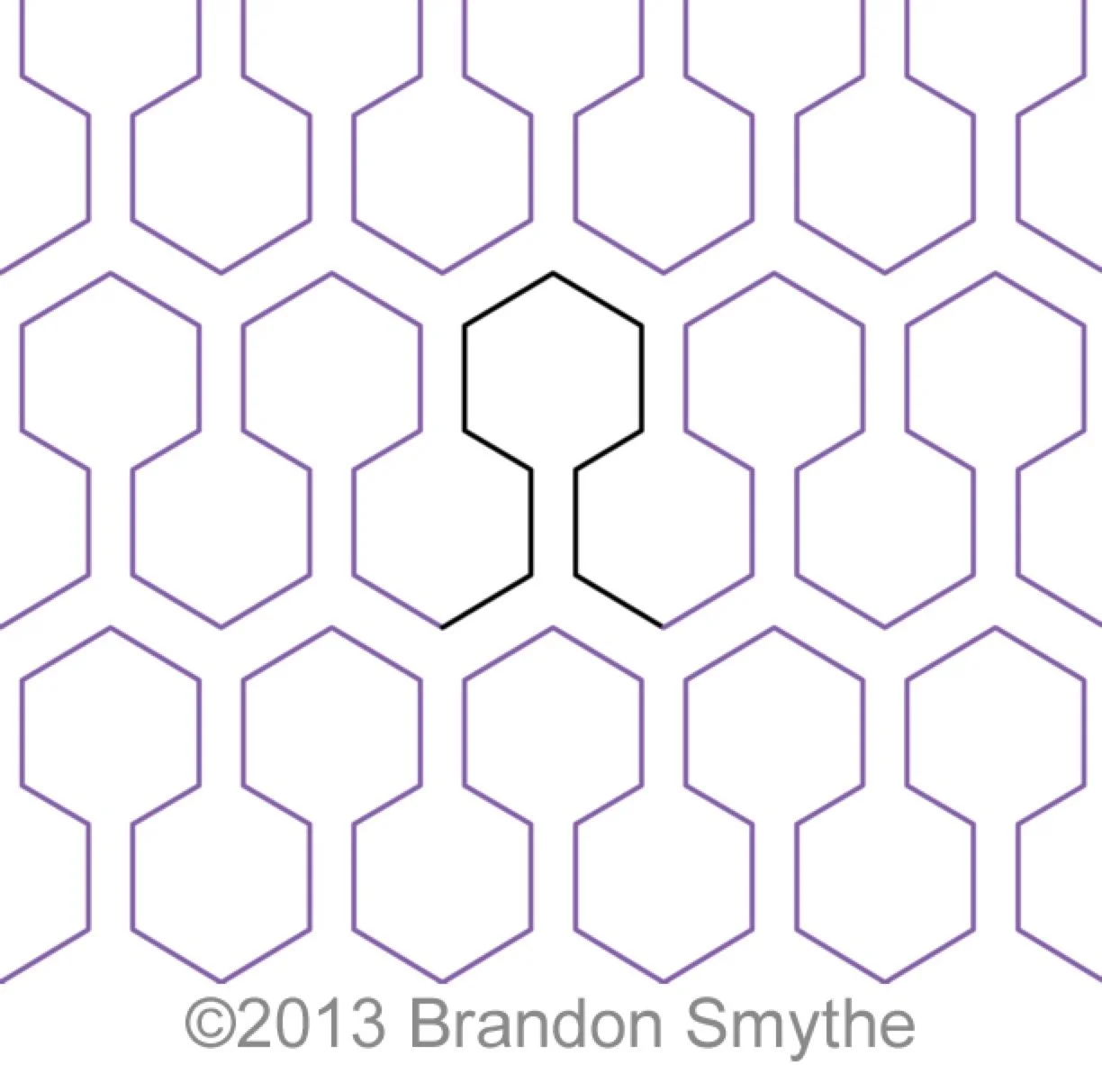 A pattern of interconnected purple and black hexagons on a white background, created by Brandon Smythe in 2013.