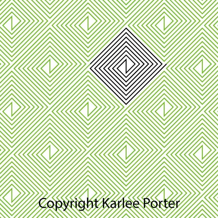 Pattern of green and black geometric lines forming diamond shapes with an artist's copyright notice at the bottom.