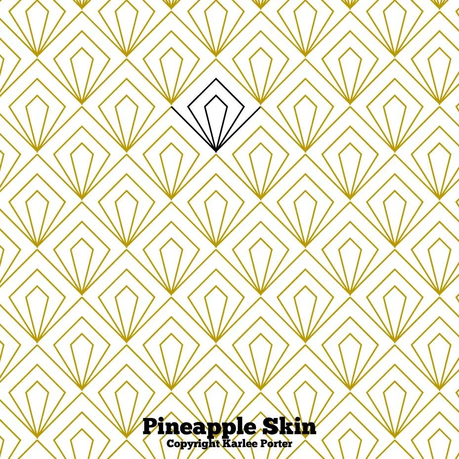 Pattern of gold geometric shapes on a white background with one black outlined shape in the center and text at the bottom reading 'Pineapple Skin, Copyright Karlee Porter'.