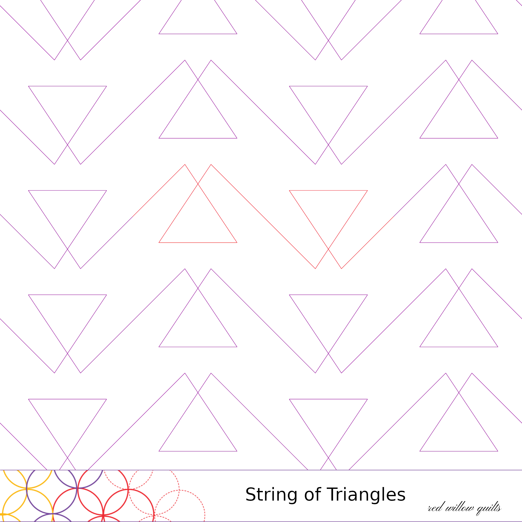 A pattern of outlined triangles in purple, red, and yellow forming a string of triangles design. The bottom right corner contains the text "String of Triangles" and a small signature "red willow quilts."