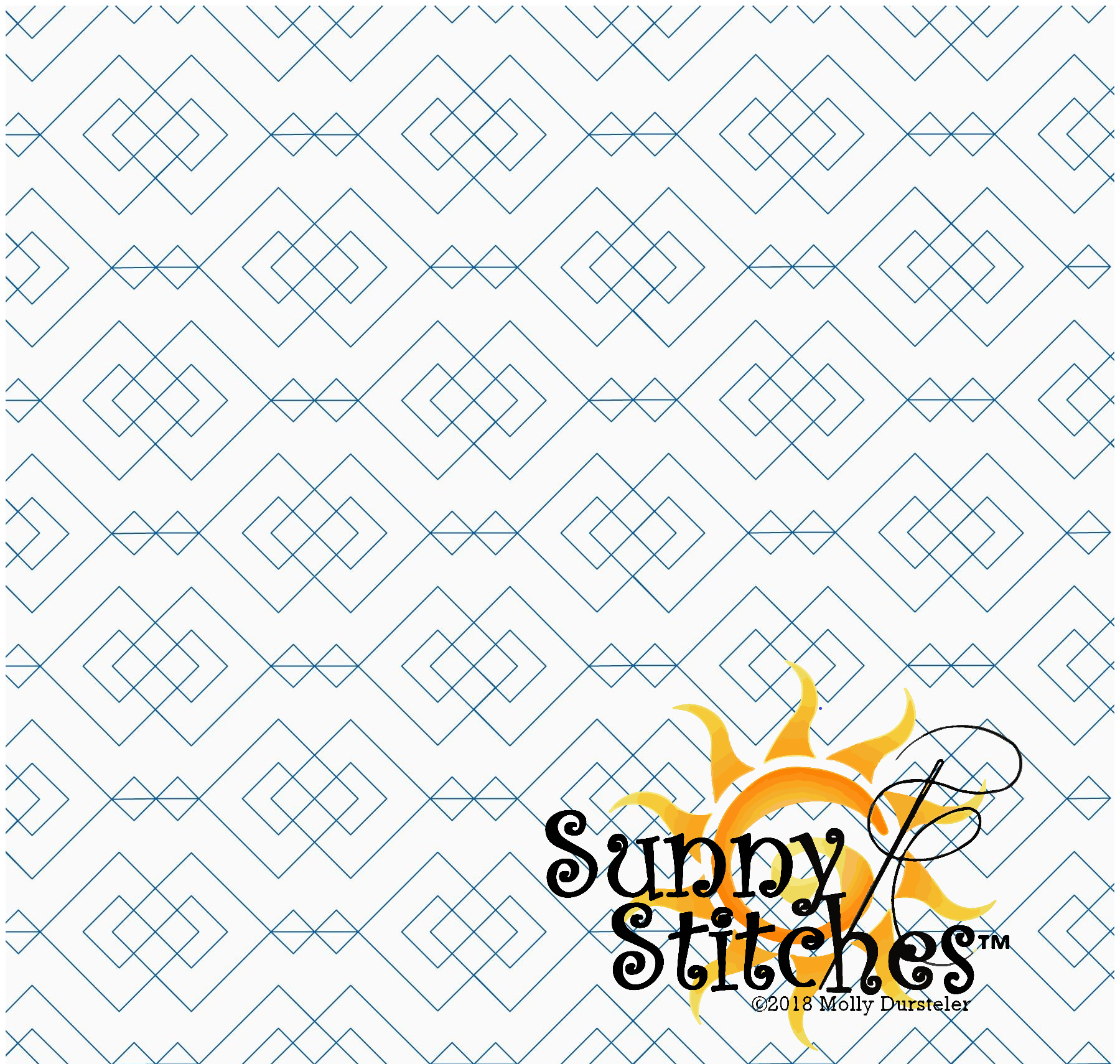Patterned fabric with blue geometric diamond shapes and a sun design with the text 'Sunny Stitches' and copyright information.