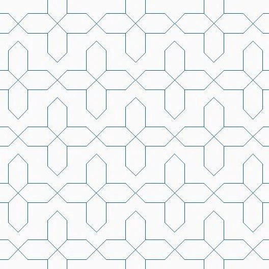 A seamless pattern of interconnected geometric shapes resembling star tiles outlined in blue on a white background.