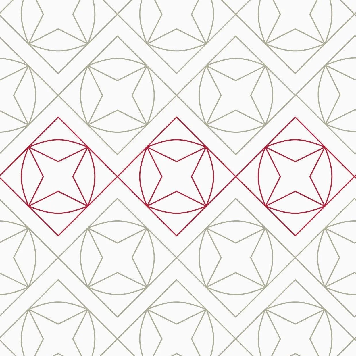 A geometric pattern featuring interconnected squares with a star-like design inside, some outlined in red and others in gray.