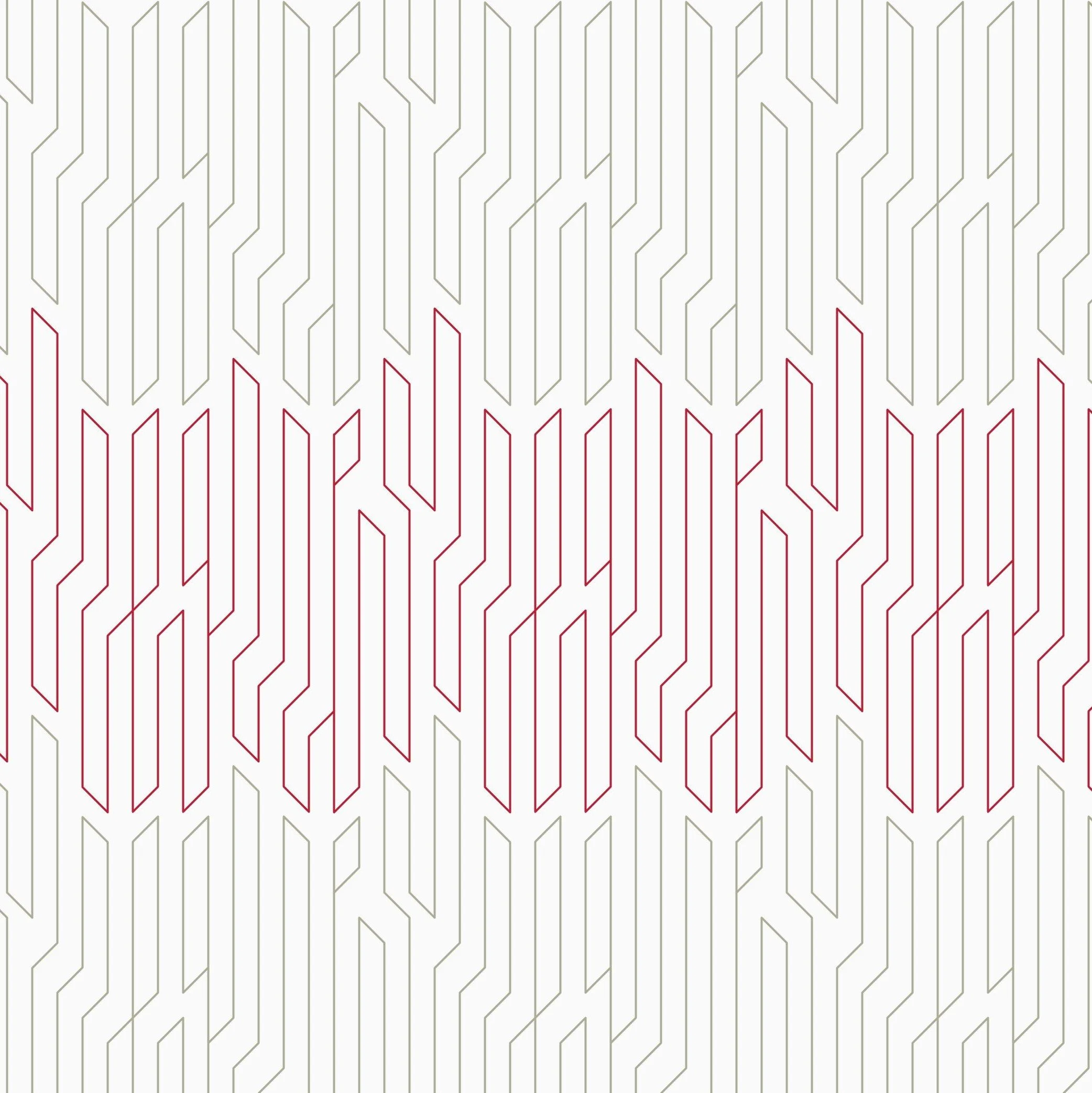 A geometric pattern composed of interconnected lines forming angular shapes, with some lines in gold and others in red, on a light background.