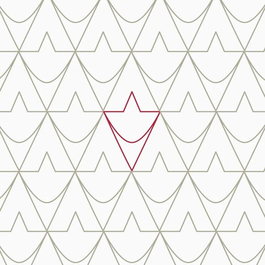 A geometric pattern of gray and white lines forming repeated star and arc shapes on a white background, with a red line outlining the shape of a star.