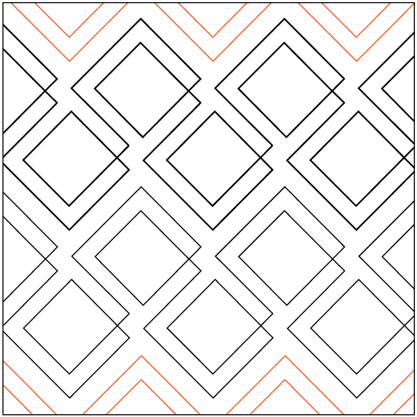 A geometric pattern featuring interlocking squares and diamonds in black and white, with some orange outlines.