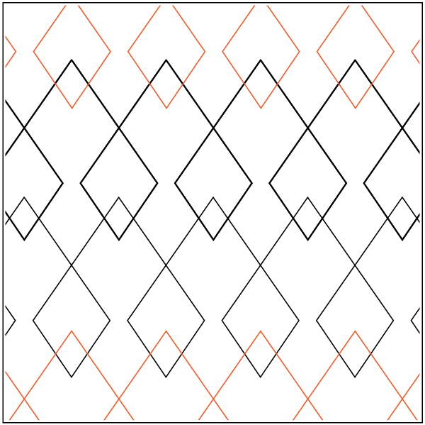 A geometric pattern of overlapping diamonds and lines in black and orange on a white background.