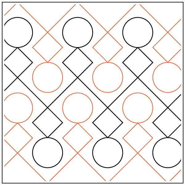 A geometric pattern featuring black circles, black diamonds, and orange diagonal lines on a white background, arranged in a repeating pattern.