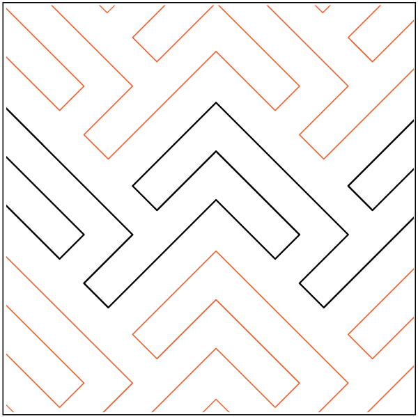 Geometric pattern of interconnected L-shaped lines in black and red on a white background.