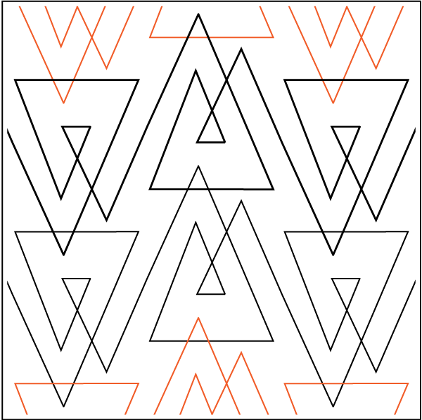 A geometric pattern composed of overlapping triangles and lines in black, red, and white colors, arranged symmetrically in a repeating pattern.