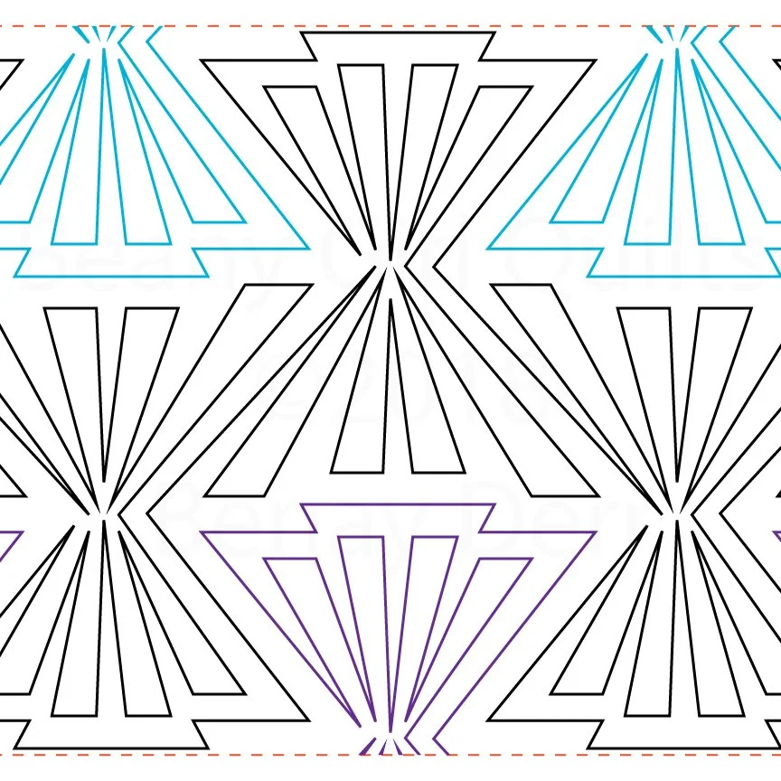 A geometric pattern featuring interconnected star-like shapes with bold outlines in black, blue, and purple, on a white background.