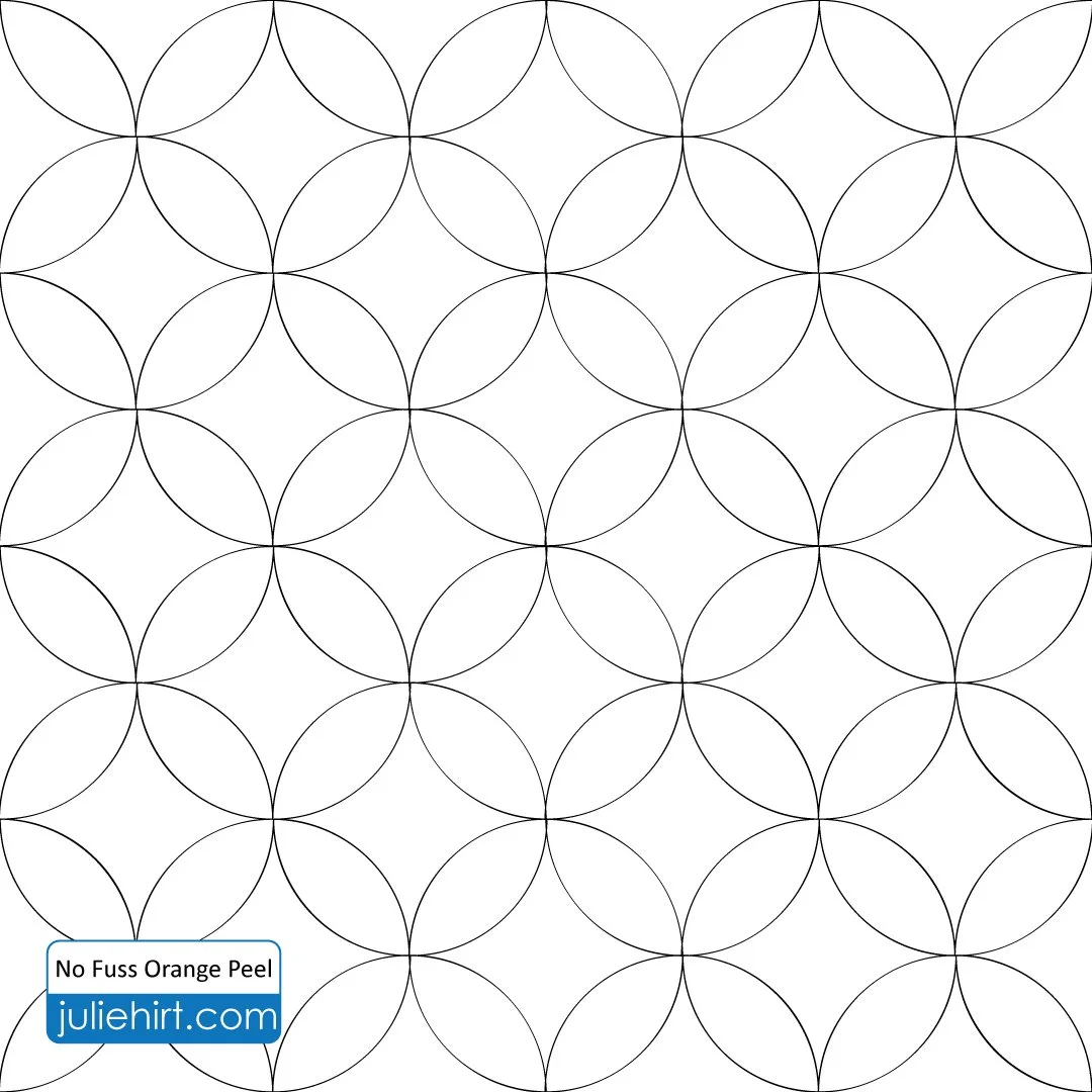 A black and white pattern of overlapping circles forming a geometric design. There is a blue label in the bottom left corner that reads 'No Fuss Orange Peel' and 'juliehiart.com'.