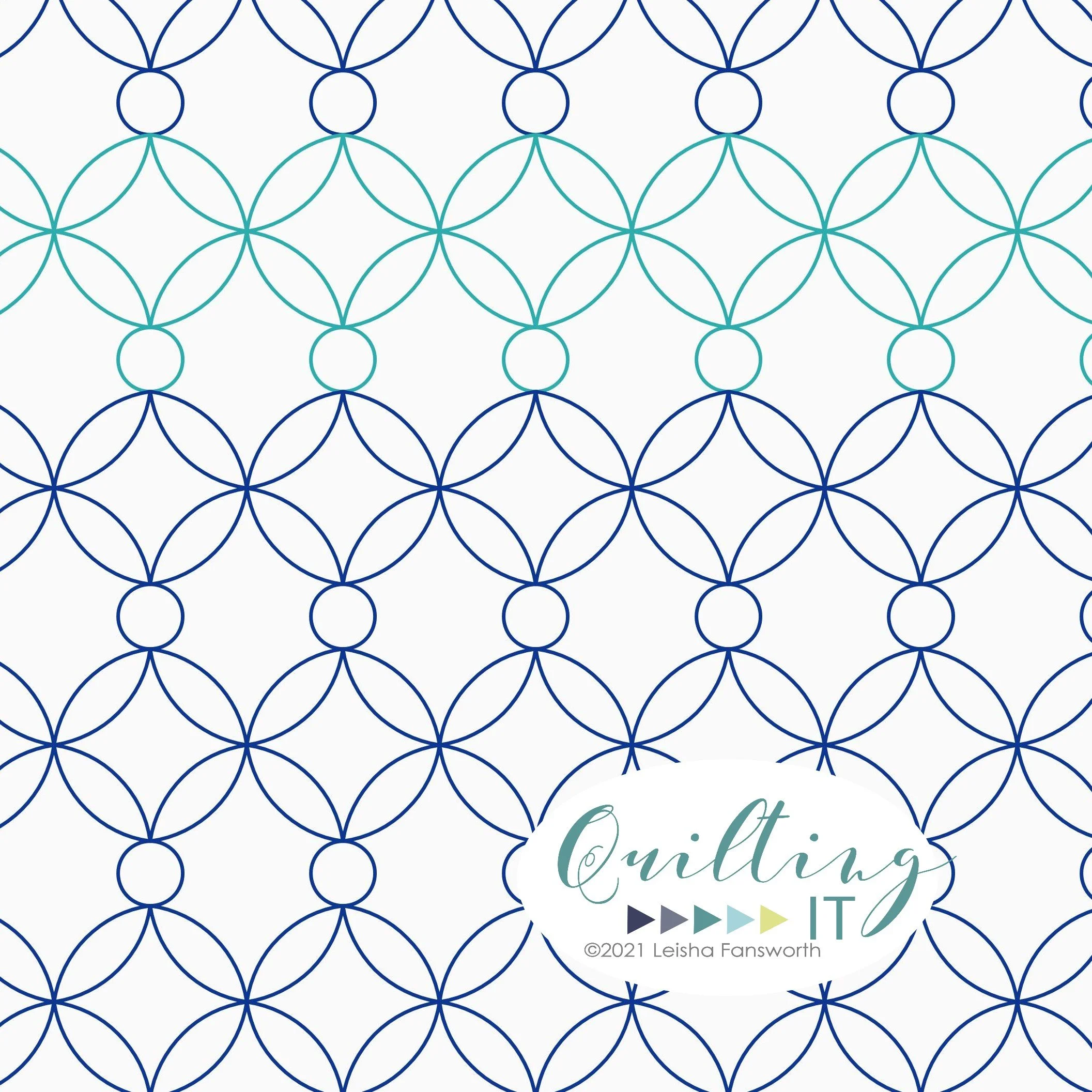 Pattern of interconnected circles in shades of blue and teal on a white background, with an oval label in the lower right corner that says 'Quilting IT' and includes a copyright notice.