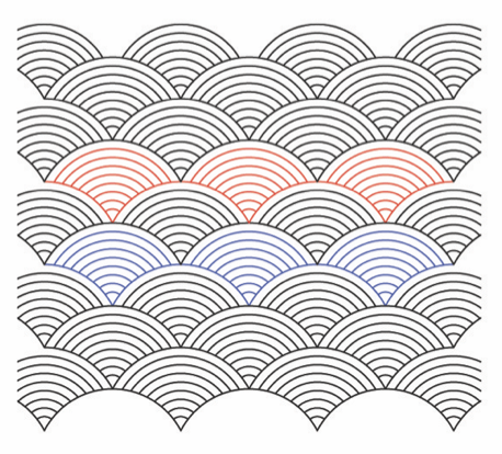 Pattern of overlapping semi-circles in black, red, and blue colors arranged in rows.