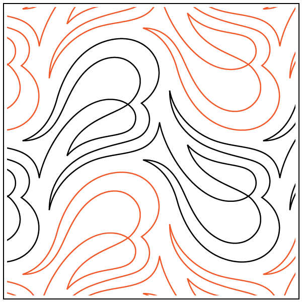 A pattern of abstract, curved lines in black and orange on a white background, creating flowing, wave-like designs.