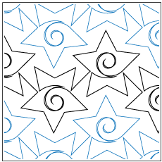Pattern of stars, clouds, and spirals in black, white, and blue outlines.