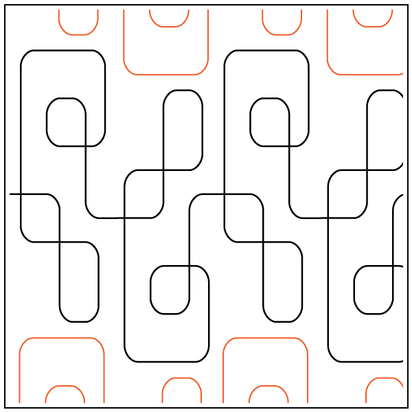 A maze with black walls and orange sections at the top and bottom.
