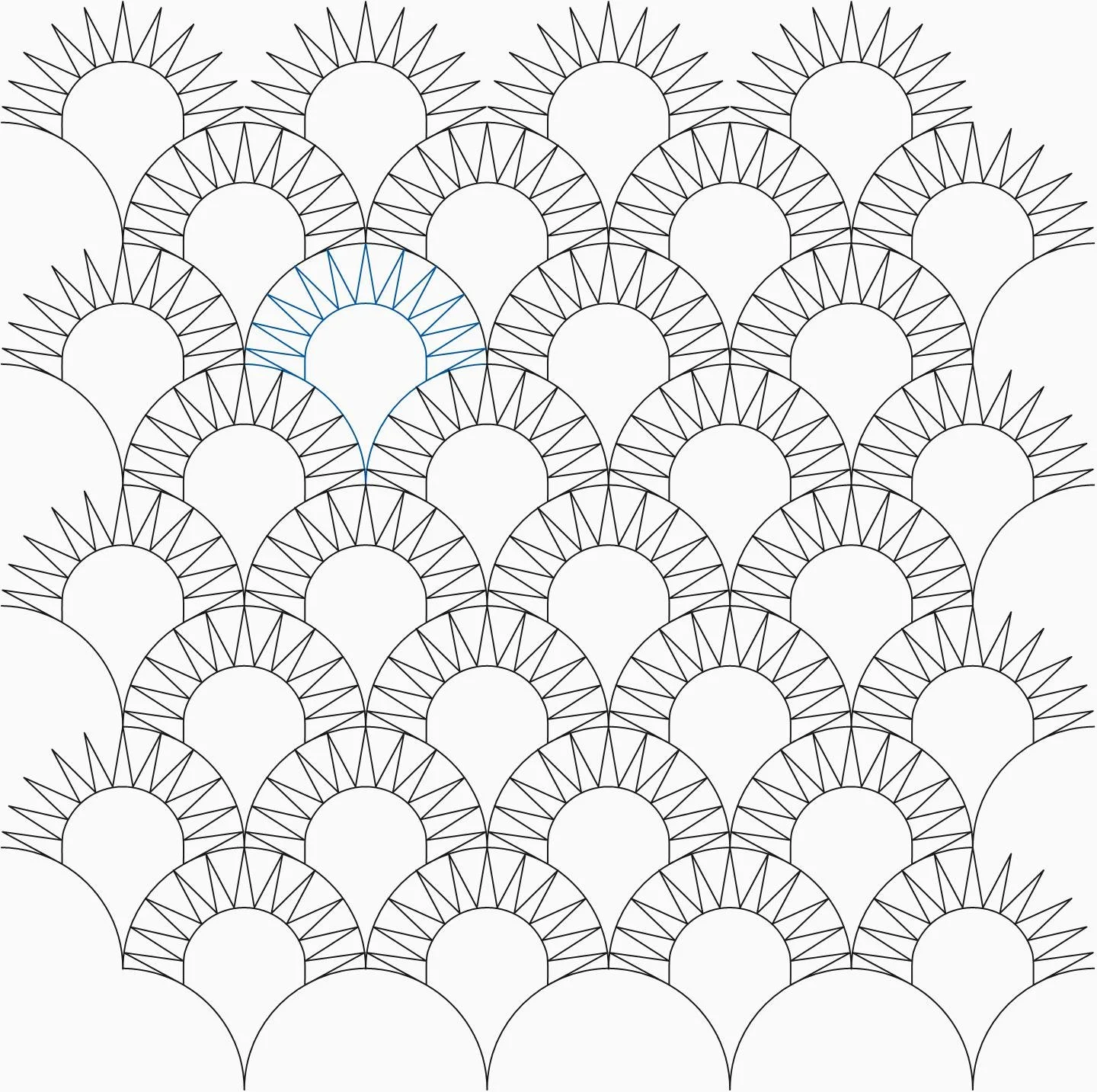 A pattern of overlapping semi-circles with radiating lines, resembling a fish scale or fan design, with one semi-circle outlined in blue.