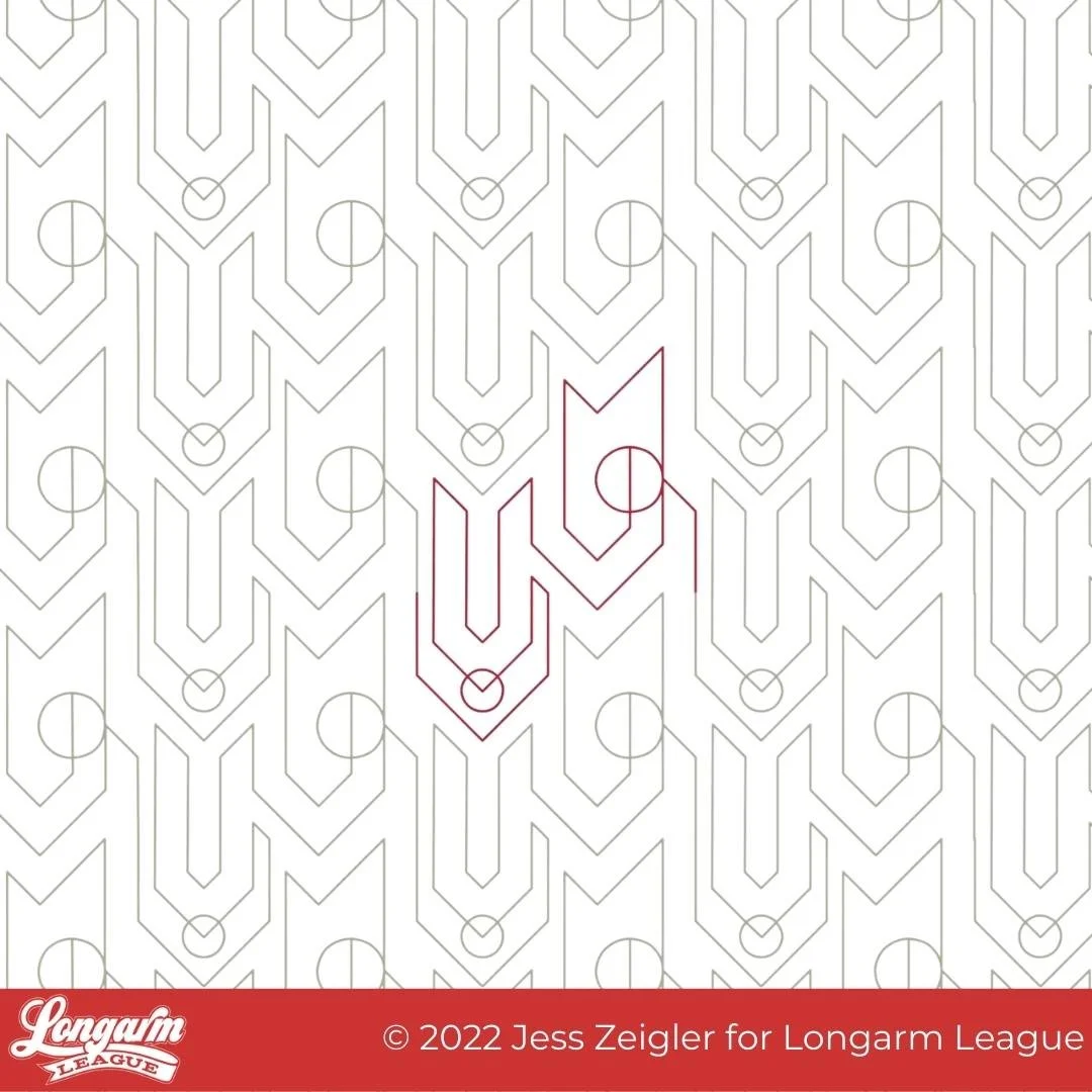 A repeating pattern of lines and circles with some red lines forming the letter 'Y' and 'U' in the center, with a red banner at the bottom that says 'Longarm League' and credits Jess Zeigler, 2022.