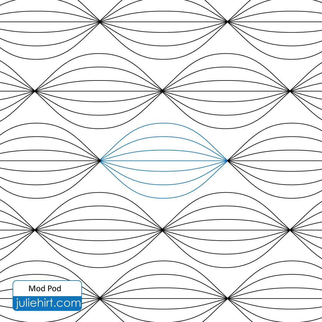 A geometric pattern with black and blue curved lines forming interconnected arcs on a white background.