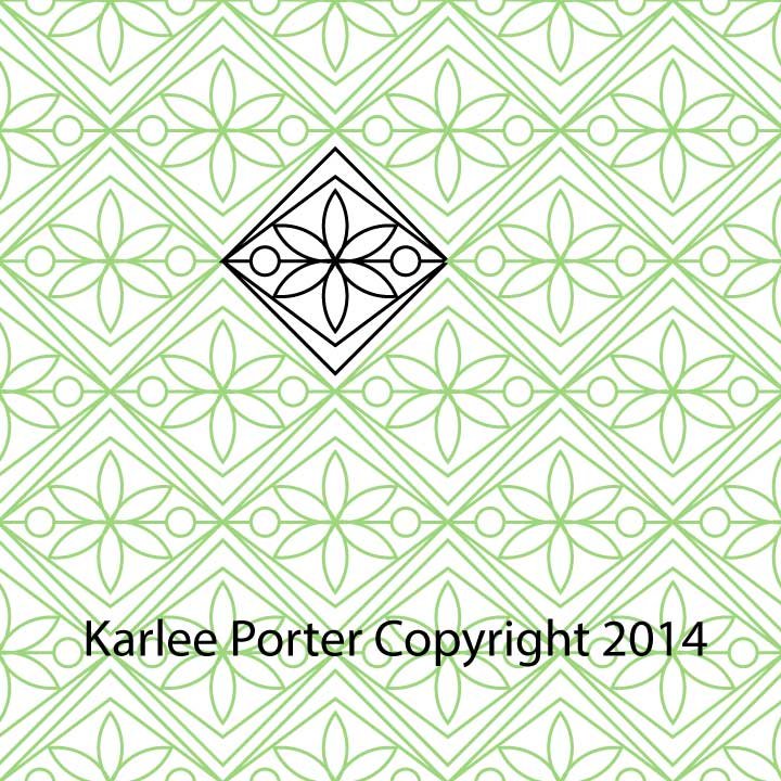 A pattern of green geometric floral designs with a single black and white diamond-shaped motif in the center.