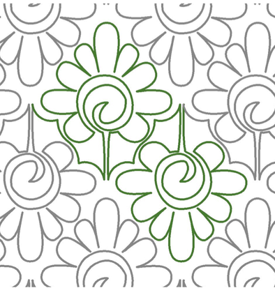 Coloring sheet with outline flowers, with some flowers colored in green.
