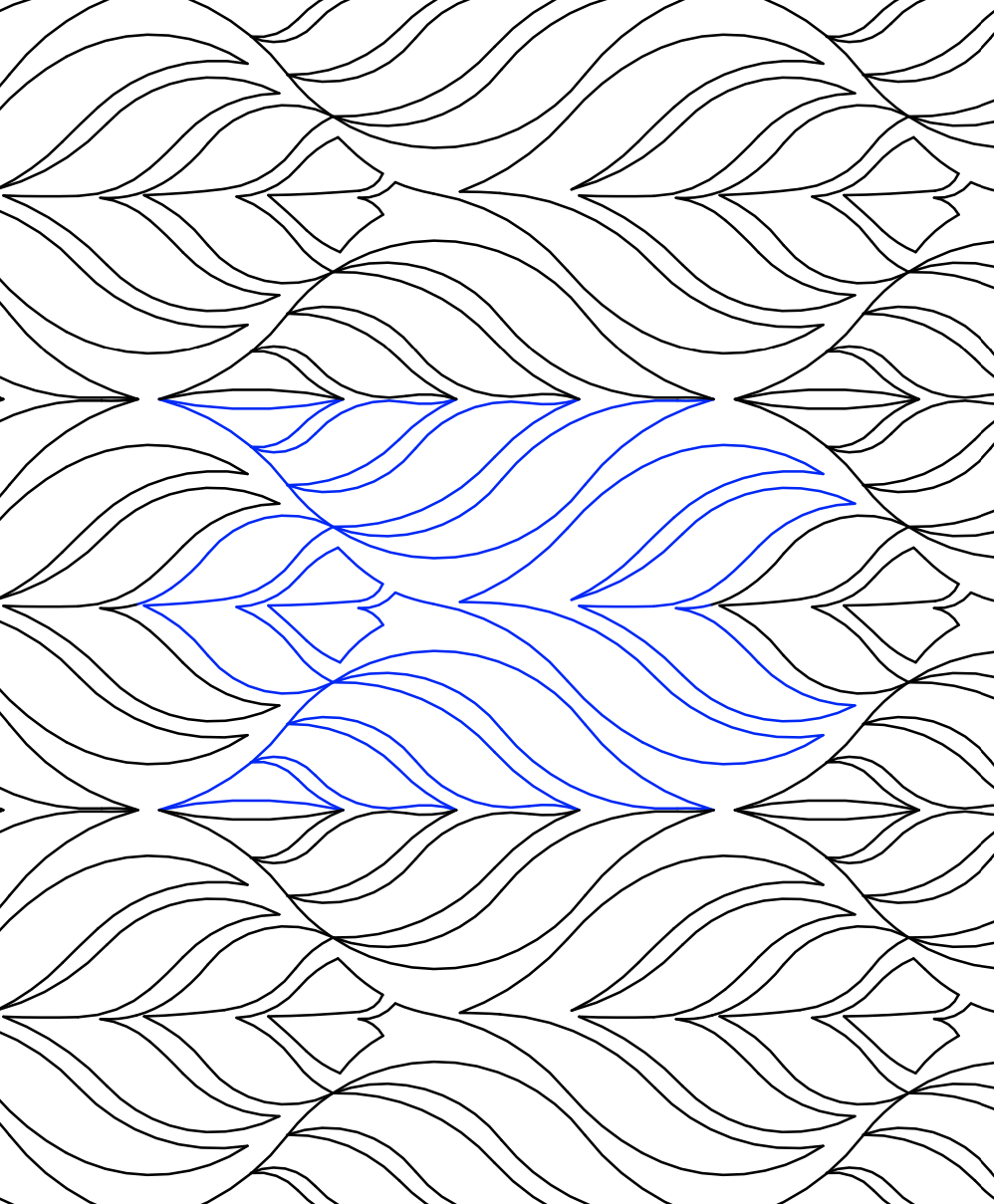An intricate black and white abstract pattern with curved lines and geometric shapes, featuring some blue lines intersecting the pattern.