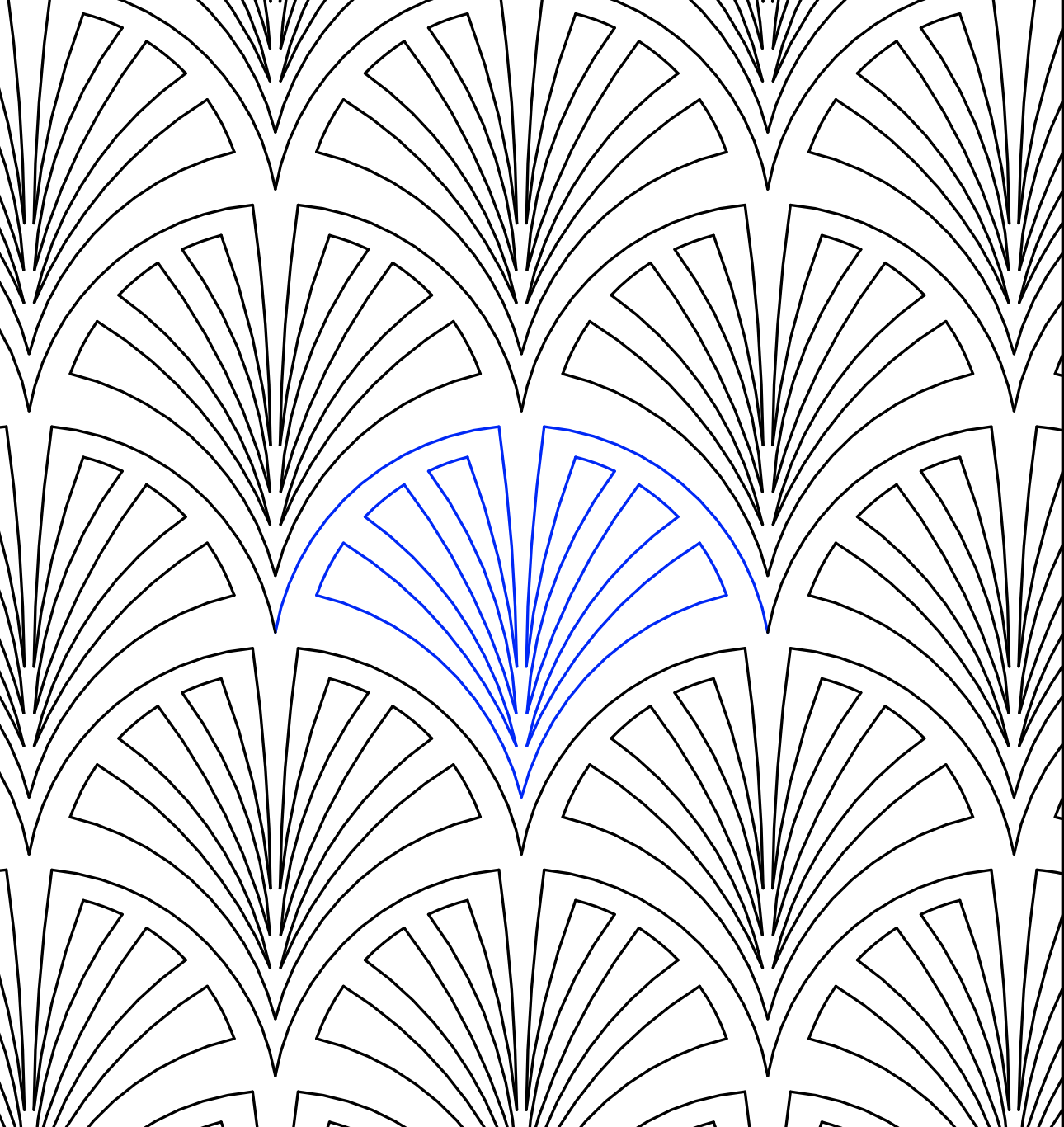 A black-and-white geometric pattern with overlapping fan shapes, and one blue fan shape in the middle.