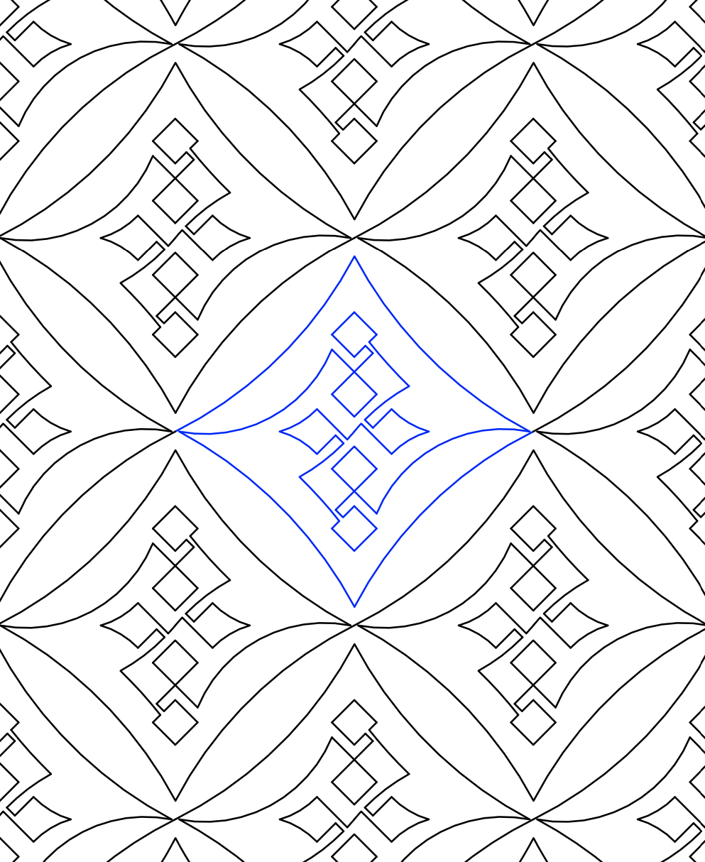 A geometric pattern composed of interconnected diamond and curved line shapes, featuring a repetitive symmetrical design in black and blue outlines.